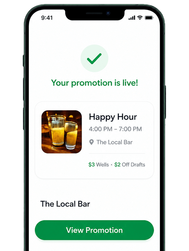 EventHound business app showing a live promotion