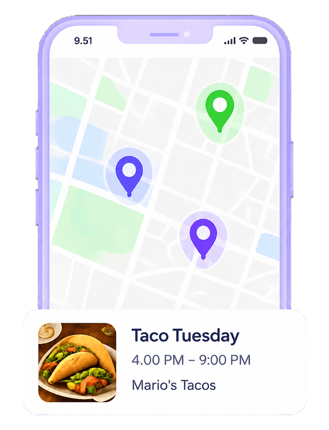 EventHound member app showing nearby promotions on a map